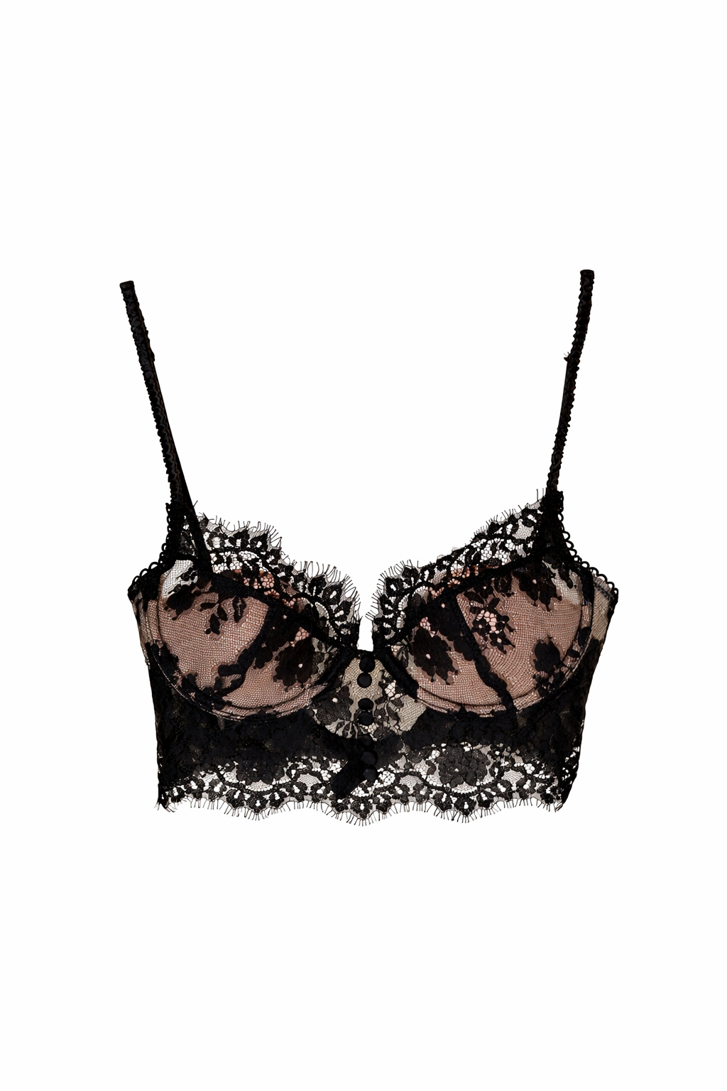Black lace bra lingerie on a white background front view