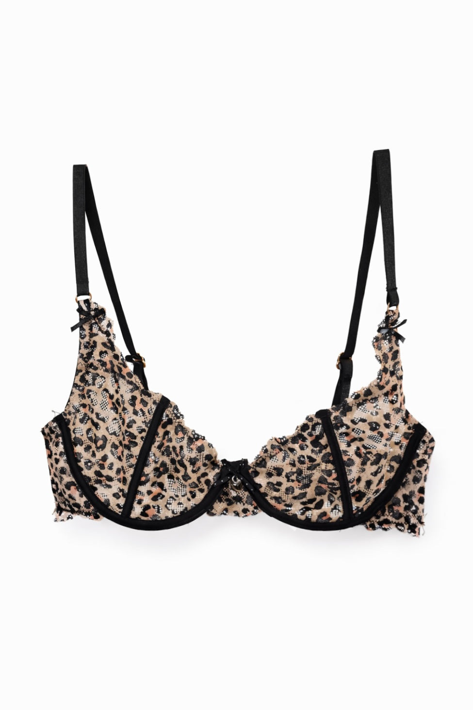 Leopard print lace bra with black bow straps on a white background