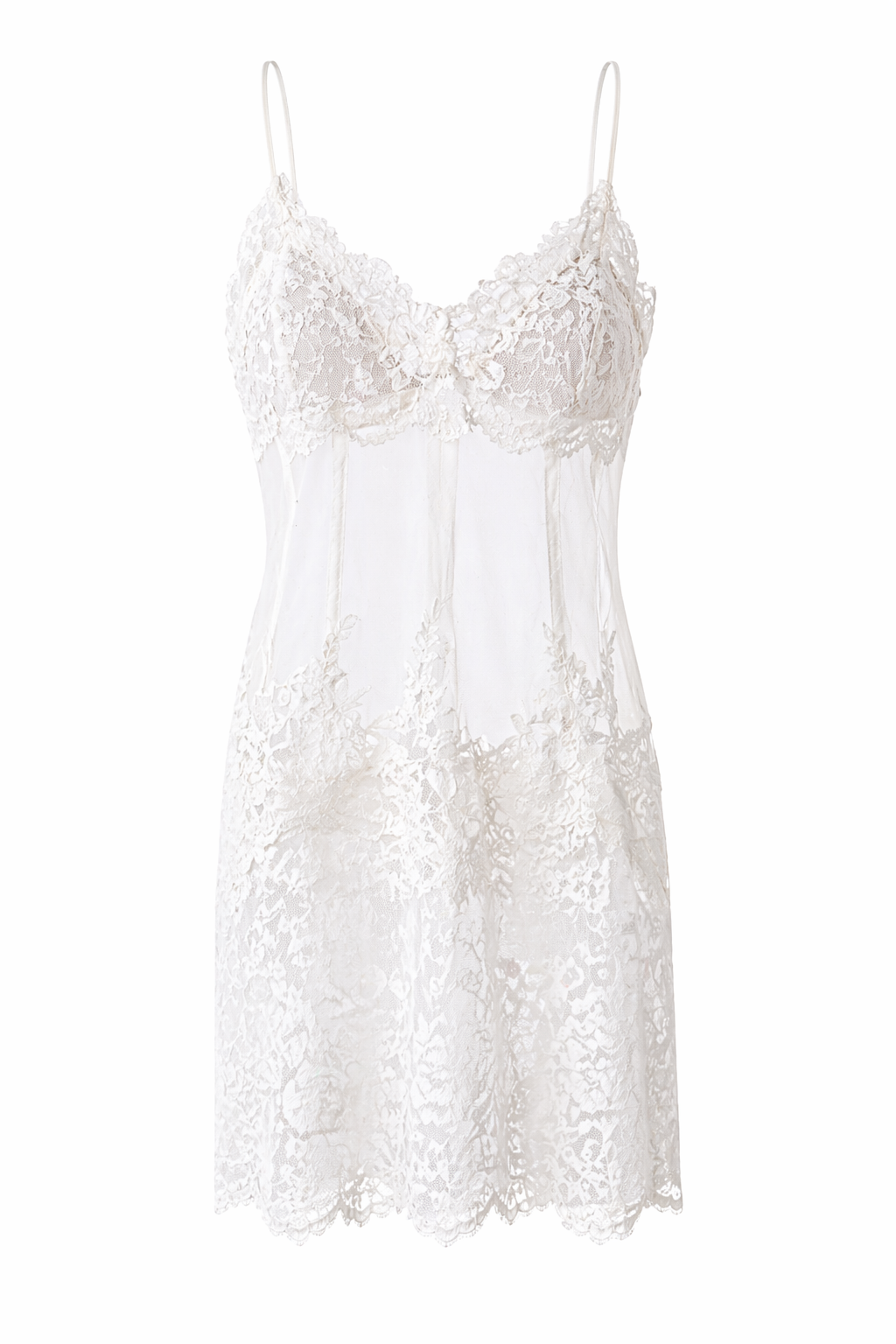White lace slip dress on a white background