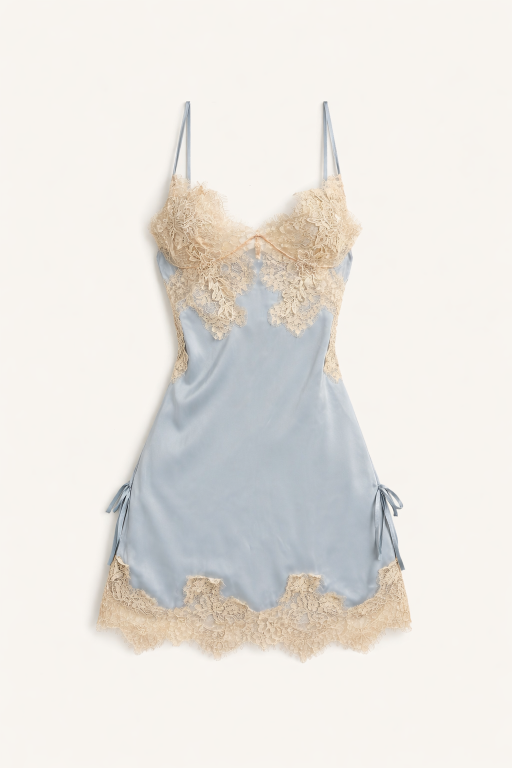 Light blue satin romantic nightgown with gold lace trim background