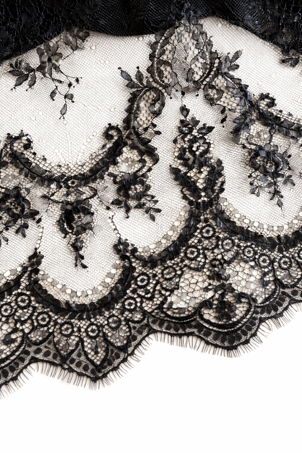 Close-up of black French eyelash lace fabric background