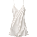 White satin ruffle slip dress on a white background