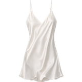 White satin ruffle slip dress on a white background