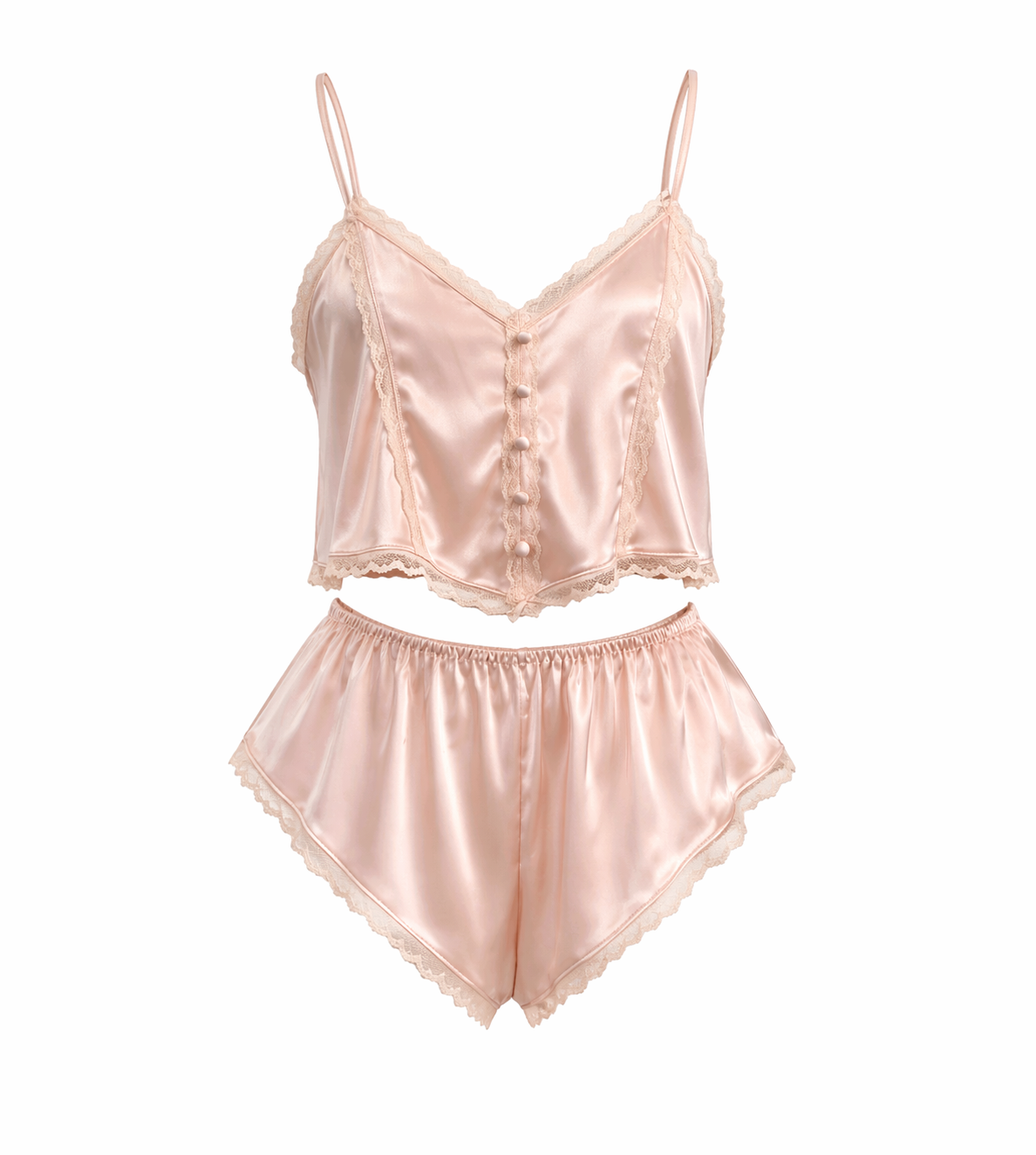 Pink satin lingerie set with lace details on a white background