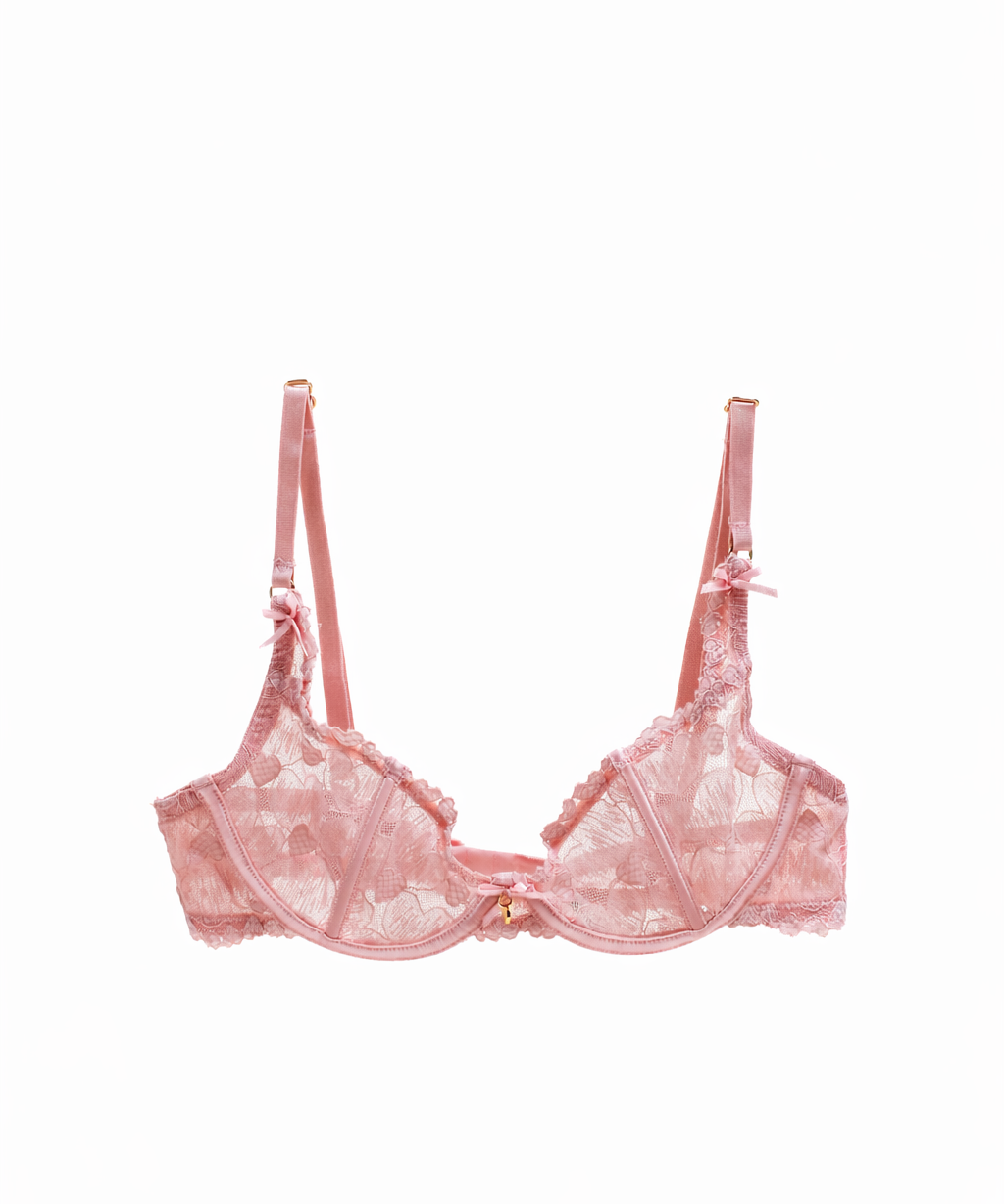 Pink lace bra on a white background