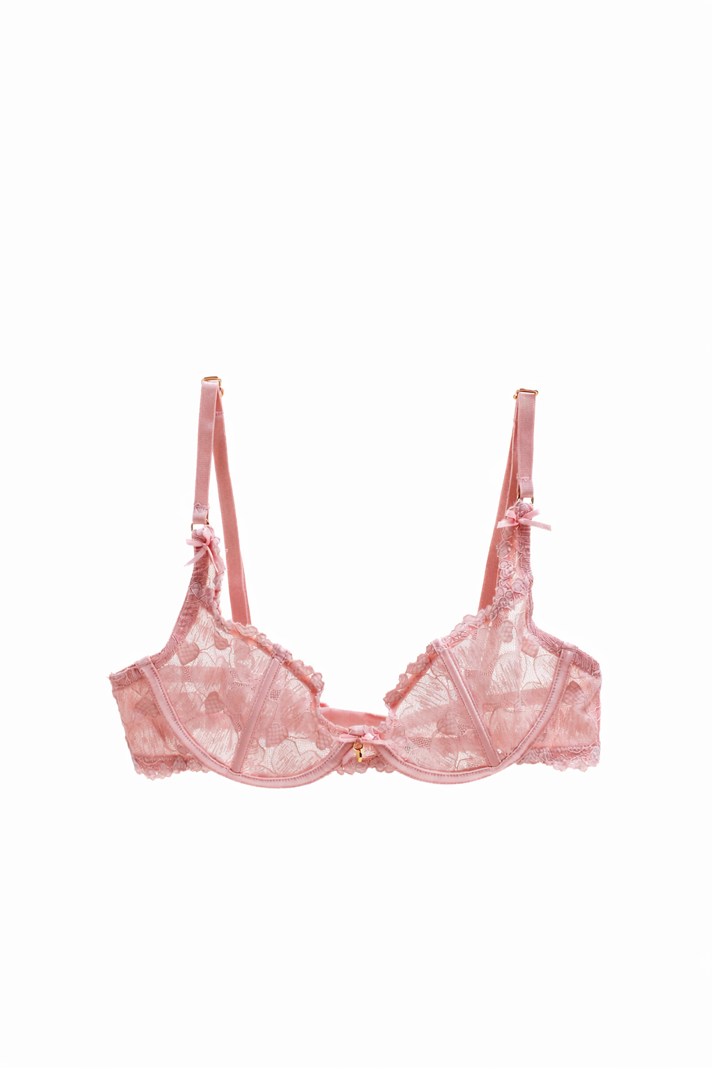 Pink lace bra on a white background